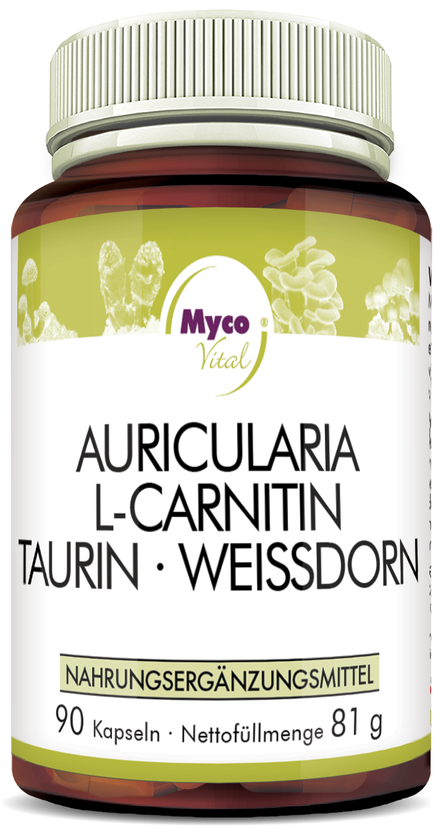 MycoVital Auricularia-L-Carnitin-Taurin-Weissdorn Pilzpulver-Kapseln