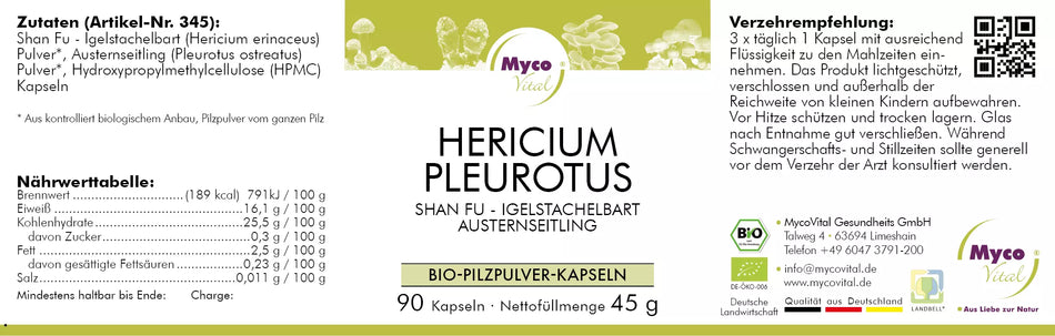 MycoVital Hericium-Pleurotus BIO-Pilzpulver-Kapseln (345)