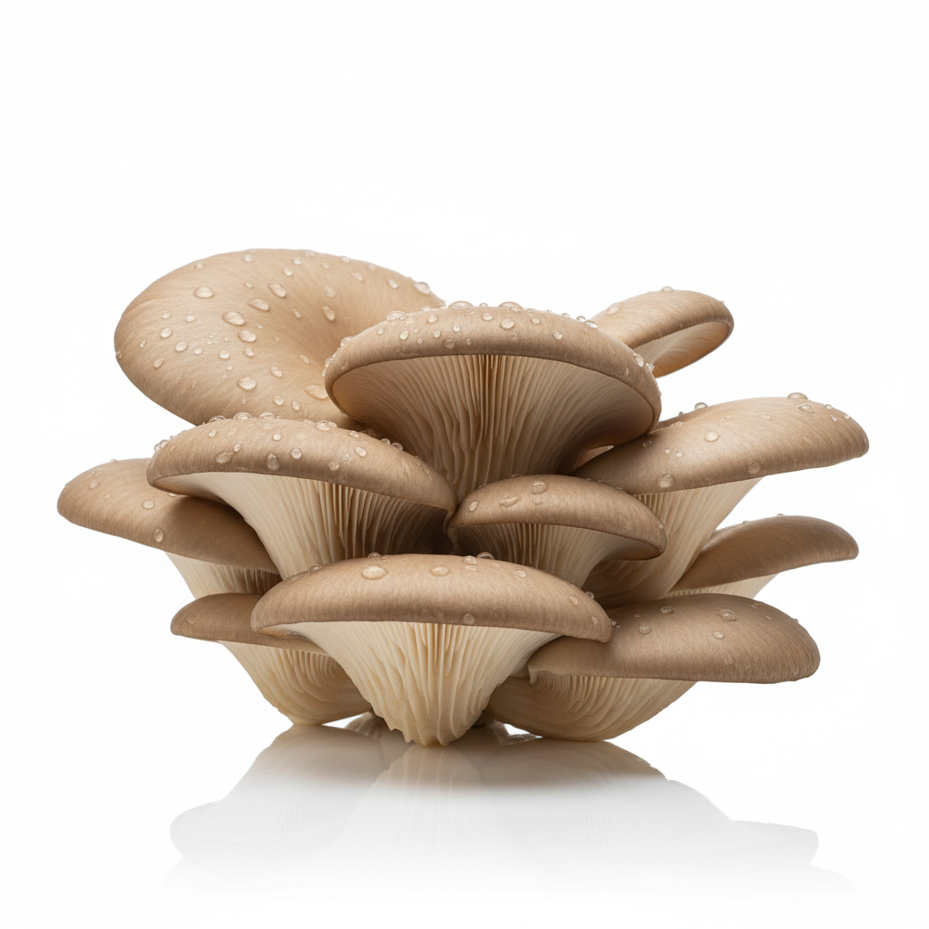 Pleurotus da zero sfondo bianco puro con riflesso
